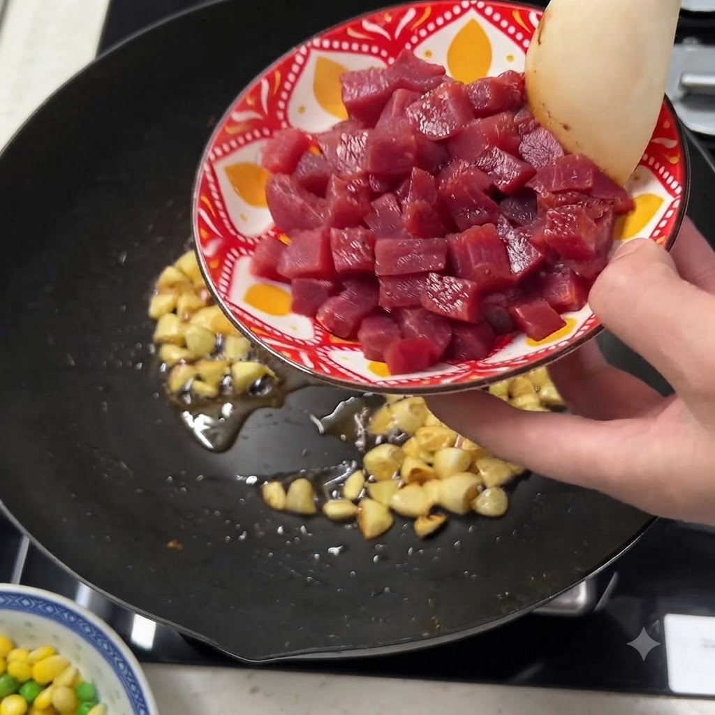 Marinierte rote Rinderwürfel werden in eine Pfanne mit angebratenem Knoblauch gegeben.