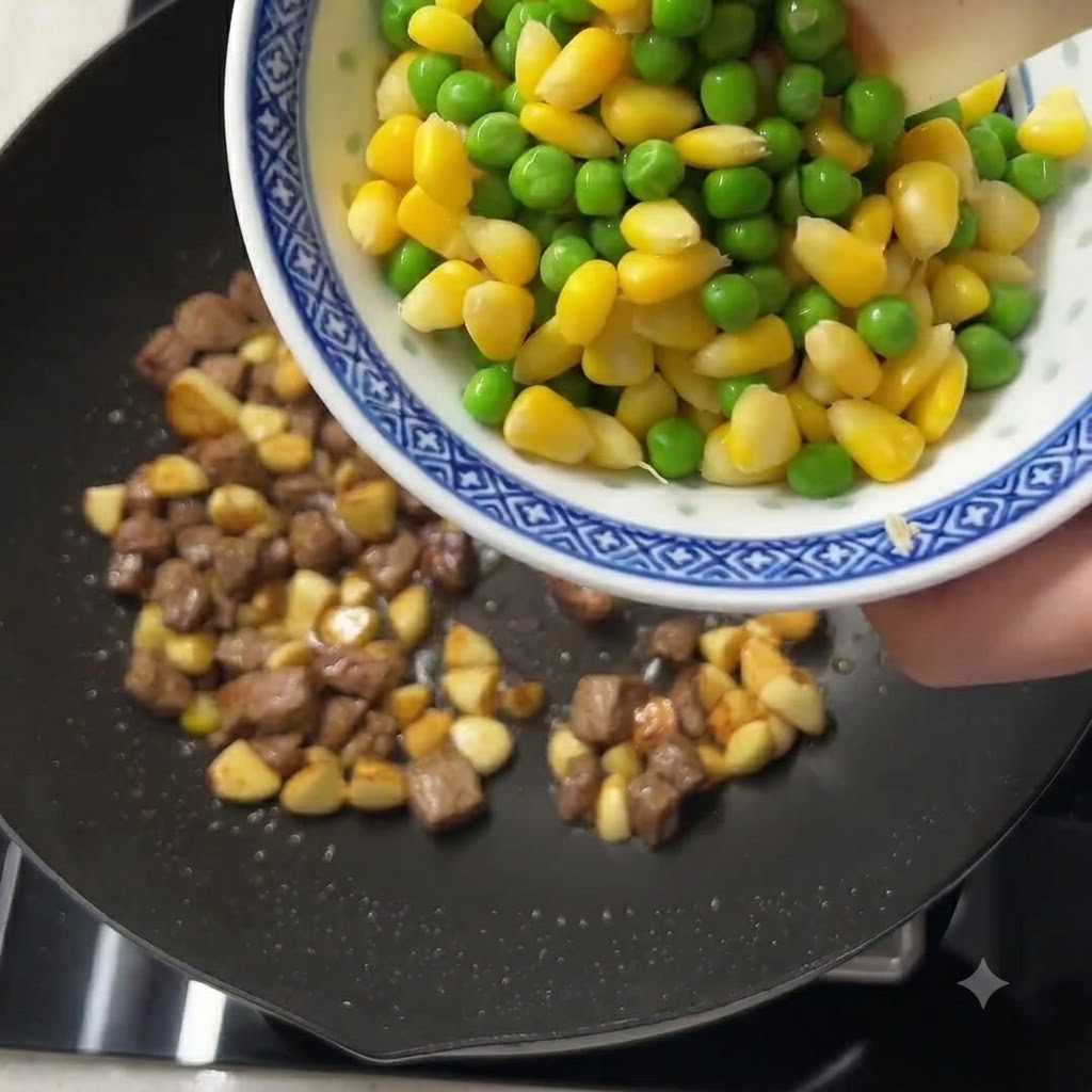 Grüne Erbsen und gelbe Maiskörner werden aus einer gemusterten Schüssel in eine Pfanne mit gekochtem Rindfleisch und Knoblauch gegeben.