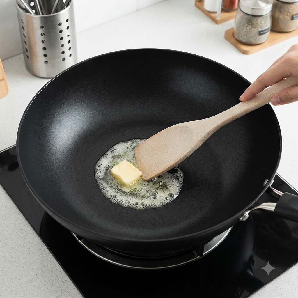 Übrig gebliebener weißer Reis wird in einen Wok mit geschmolzener, blubbernder Butter gegeben und mit einem Holzspatel umgerührt.