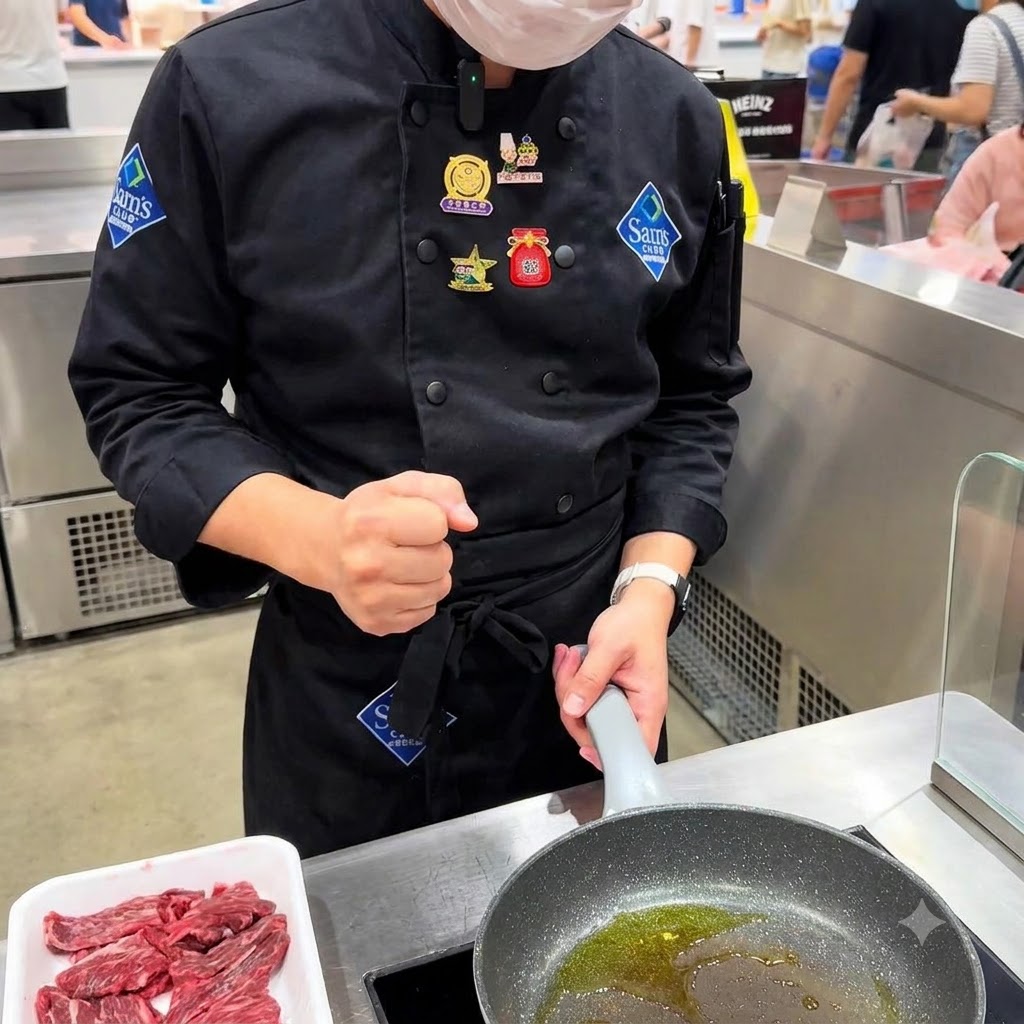 Rohe Flanksteakstücke werden in eine geölte und erhitzte Bratpfanne gegeben.