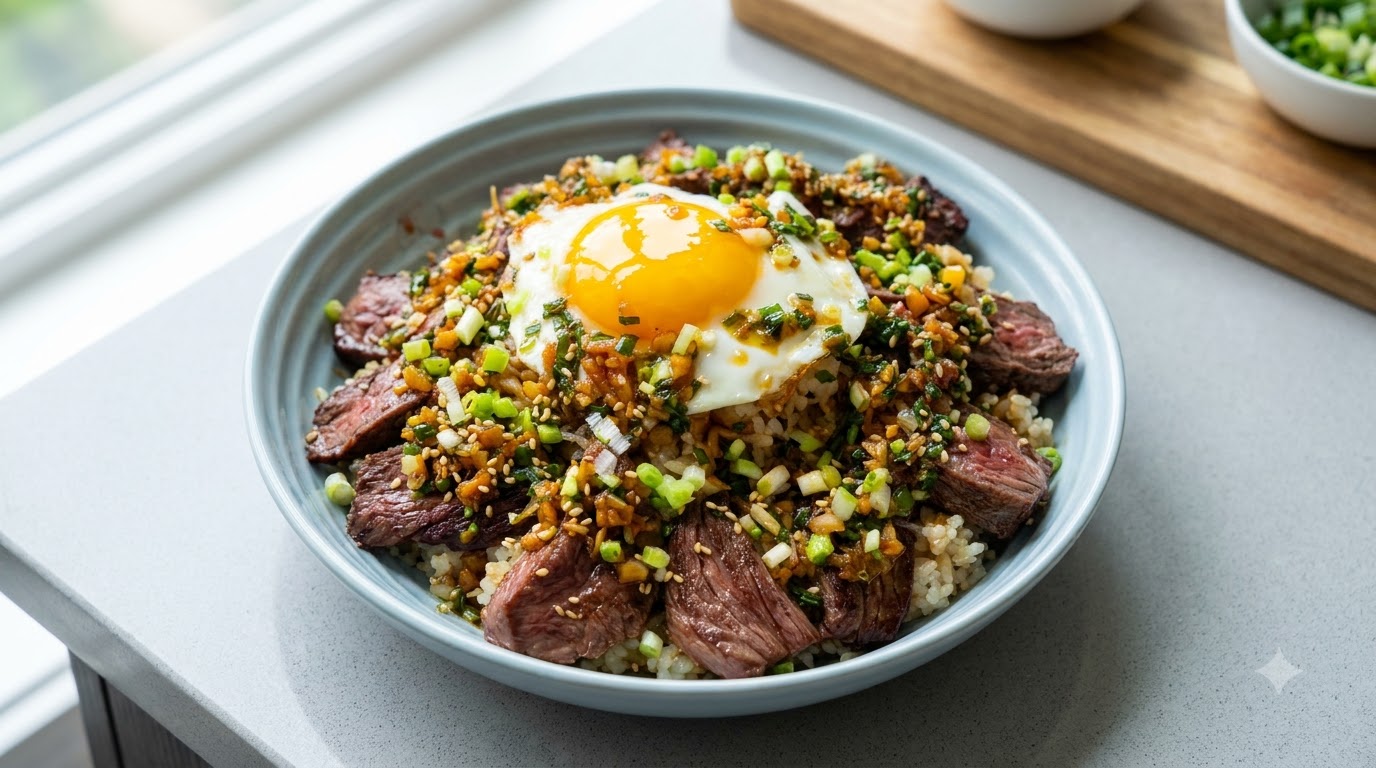 Knoblauch-Butter-Steak-Reisbowl mit Spiegelei
