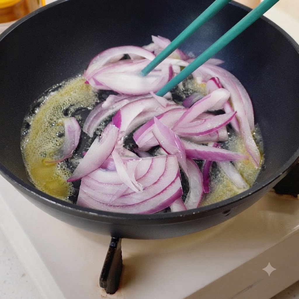 Rote Zwiebelscheiben braten in aufgeschäumter, geschmolzener Butter in einer schwarzen Pfanne.