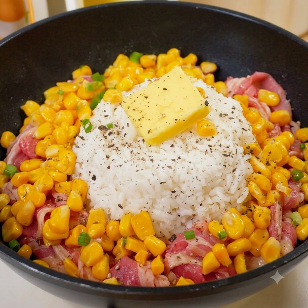 Gehackte Frühlingszwiebeln sind über Reis, Butter und das rohe Fleisch in der Pfanne gestreut.