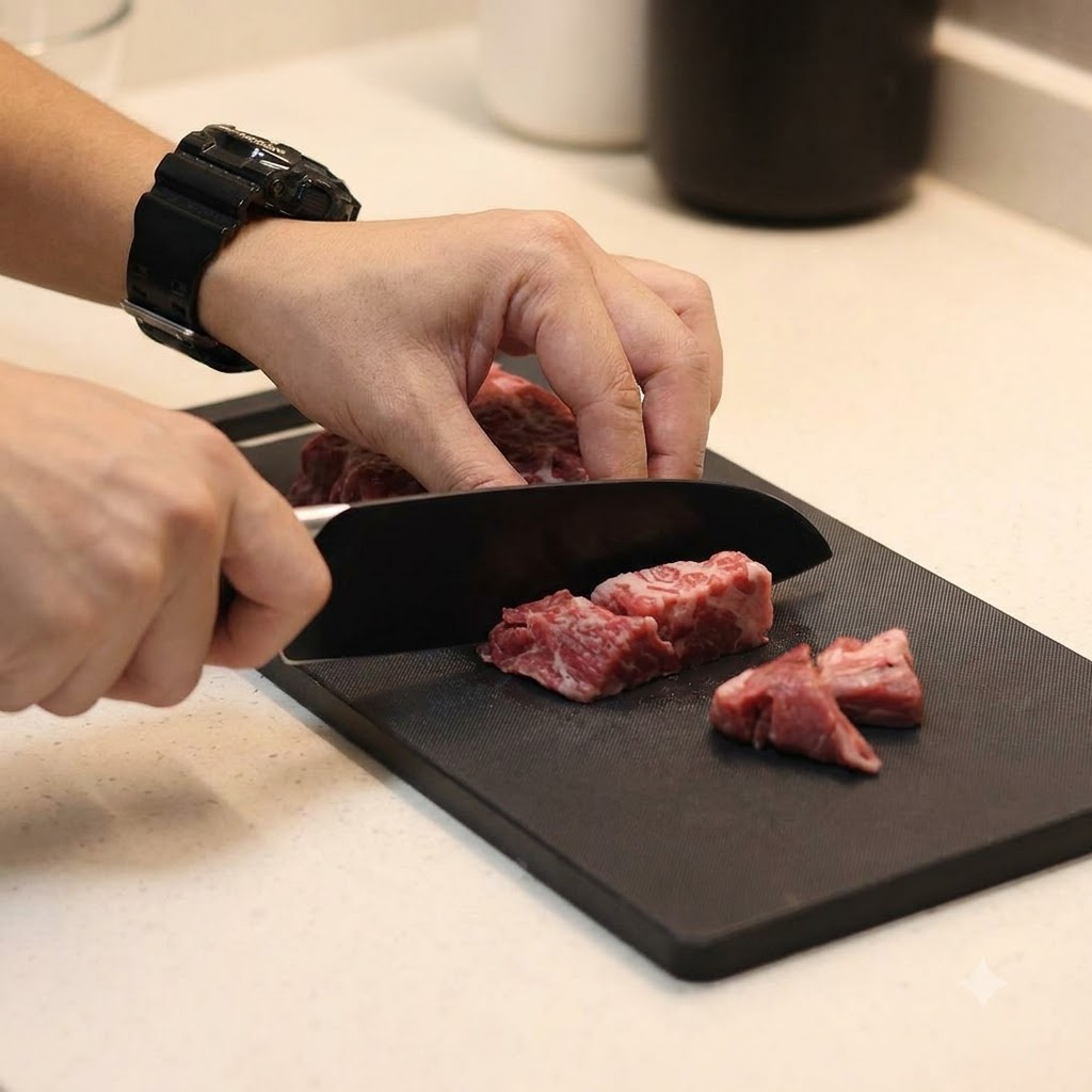 Hände schneiden ein dickes Stück rohes Steak mit einem großen Messer auf einem schwarzen Schneidebrett in kleine Würfel.