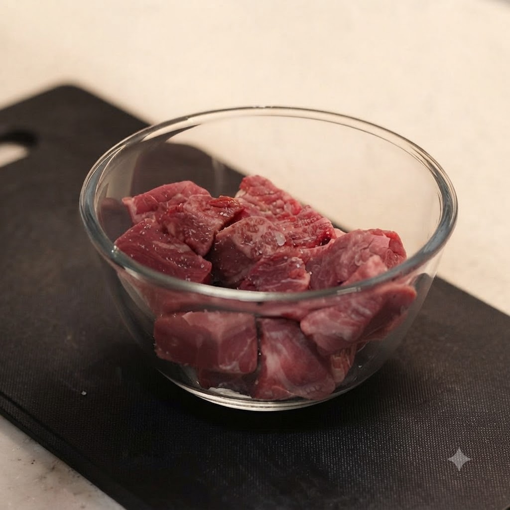 Rohes, gewürfeltes Rindfleisch in einer kleinen Glasschüssel, sichtbar gewürzt mit grobem Meersalz.