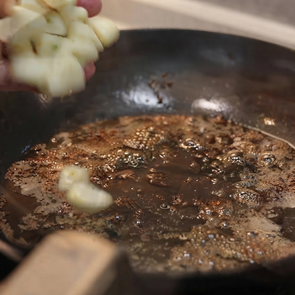 Knoblauchzehen werden in einer heißen Pfanne mit restlicher Butter und Säften angebraten.