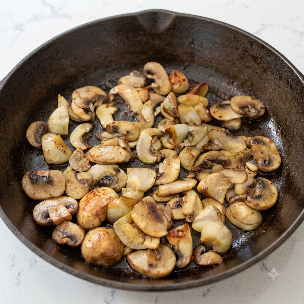 Gewürfelte Rindfleischwürfel vermischt mit angebratenen Pilzen und Knoblauch brutzeln in einer Gusseisenpfanne.