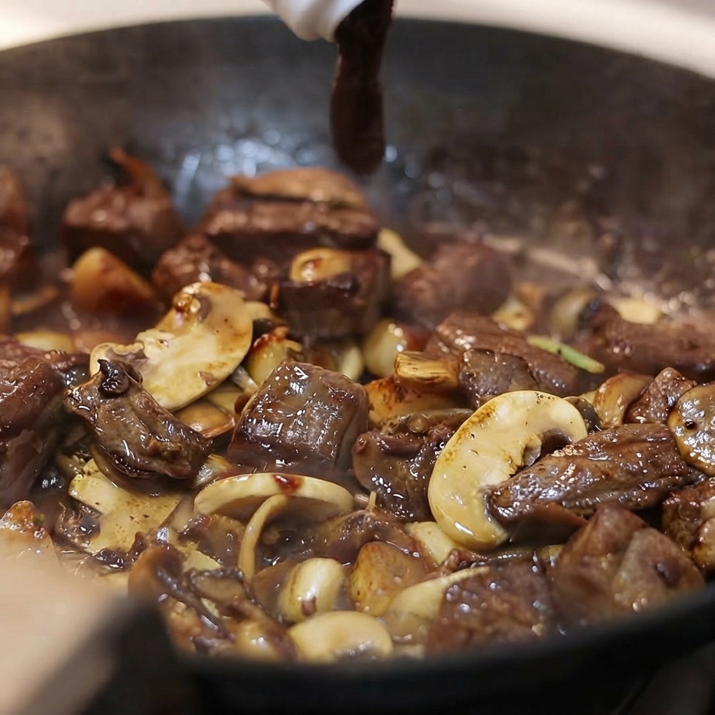 Dunkle schwarze Pfeffersauce wird aus einer Flasche in eine Pfanne mit Rindfleisch, Pilzen und Knoblauch gegossen.