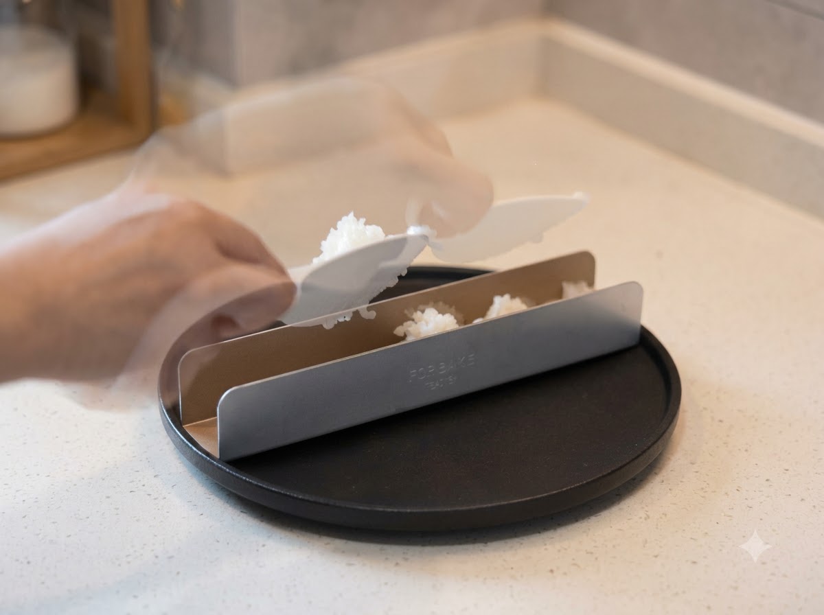 Weißer Reis wird in eine auf einem schwarzen Servierteller platzierte Metallform gedrückt.