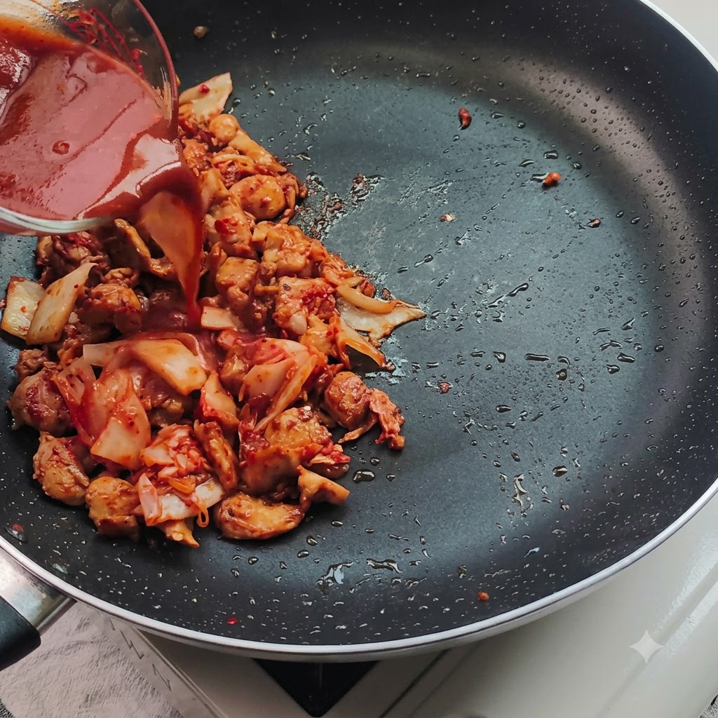 Rote Soße wird aus einem Messbecher in eine Pfanne mit Hähnchen und gehacktem Kimchi gegossen.