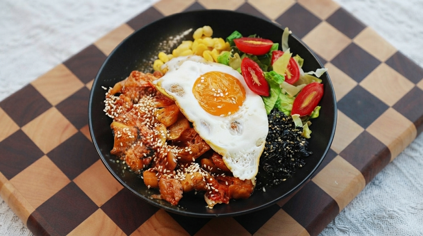 Koreanisches Kimchi-Hähnchen-Bibimbap in Würfeln
