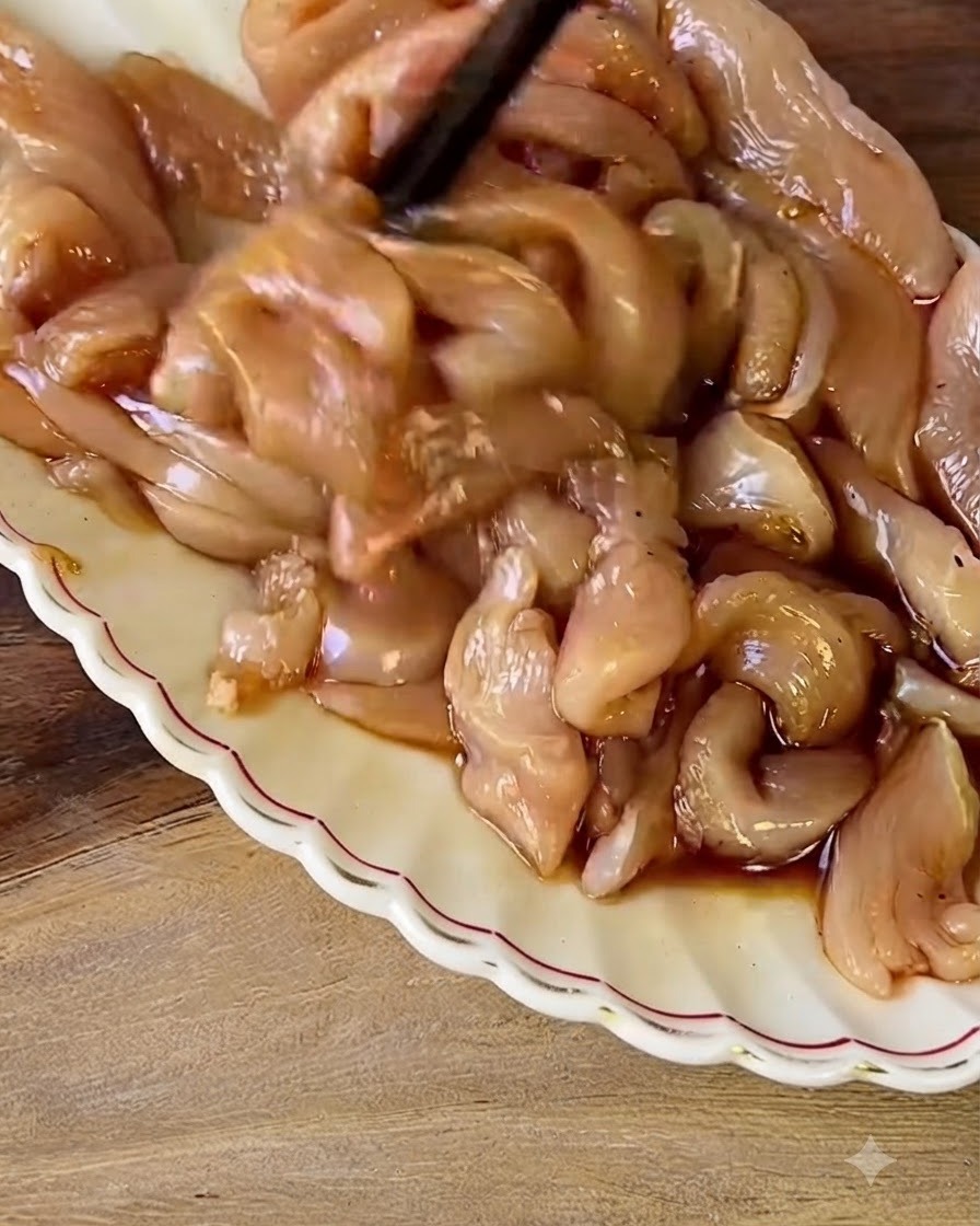 Stäbchen mischen rohe Hähnchenstücke, die mit Marinade überzogen sind, auf einem weißen Teller.