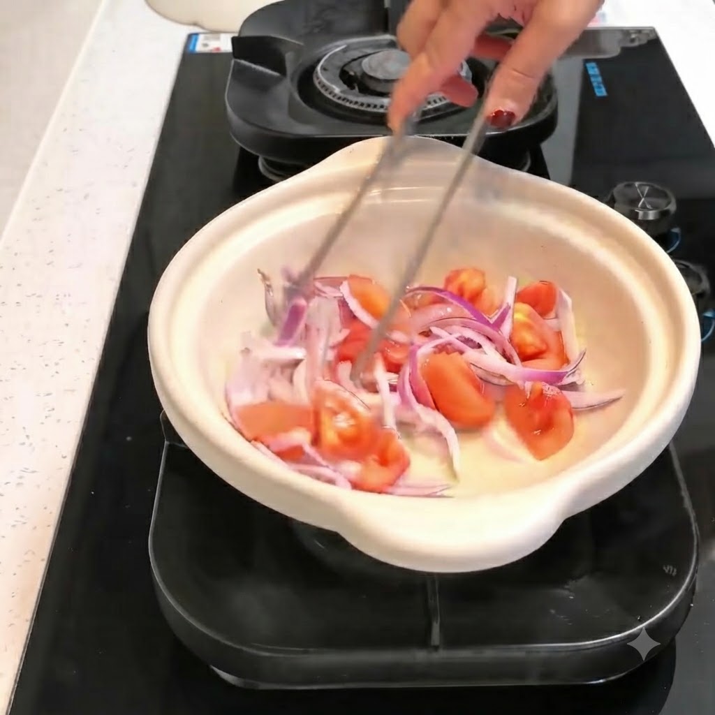 Kimchi und rohe Rindfleischscheiben werden mit einer Zange im Kochtopf mit Zwiebeln und Tomaten vermengt.