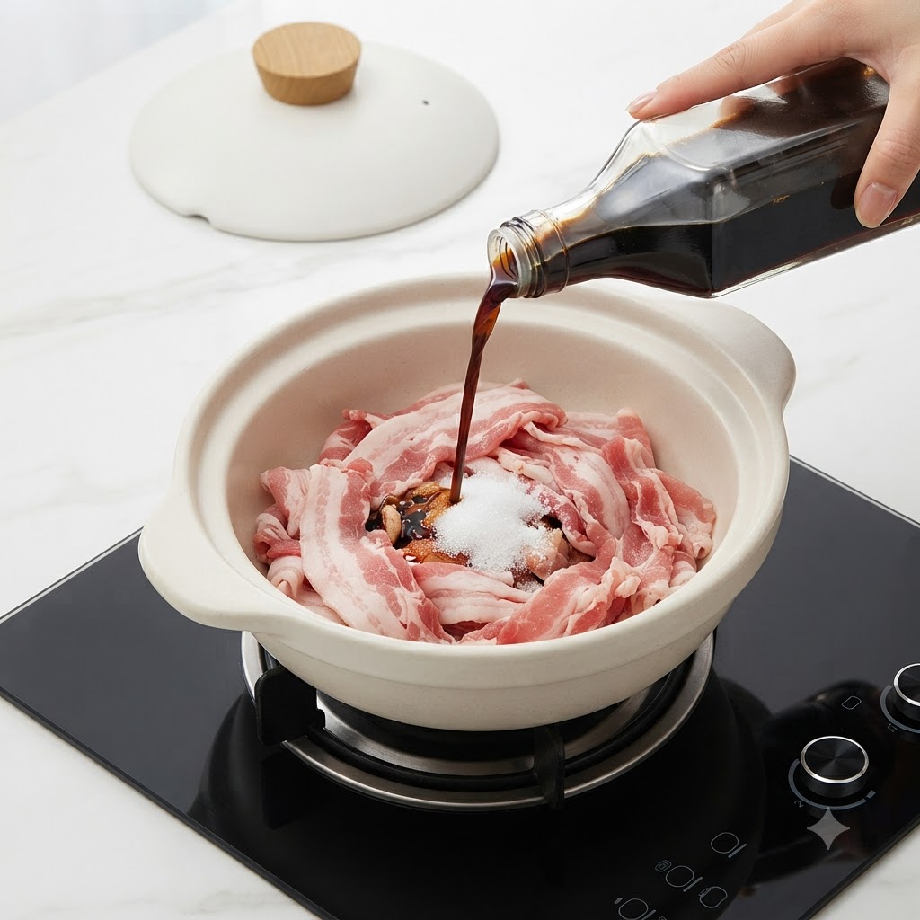 Sojasauce wird aus einer Flasche in einen Topf mit rohem Rindfleisch, Zucker und Gewürzen gegossen.