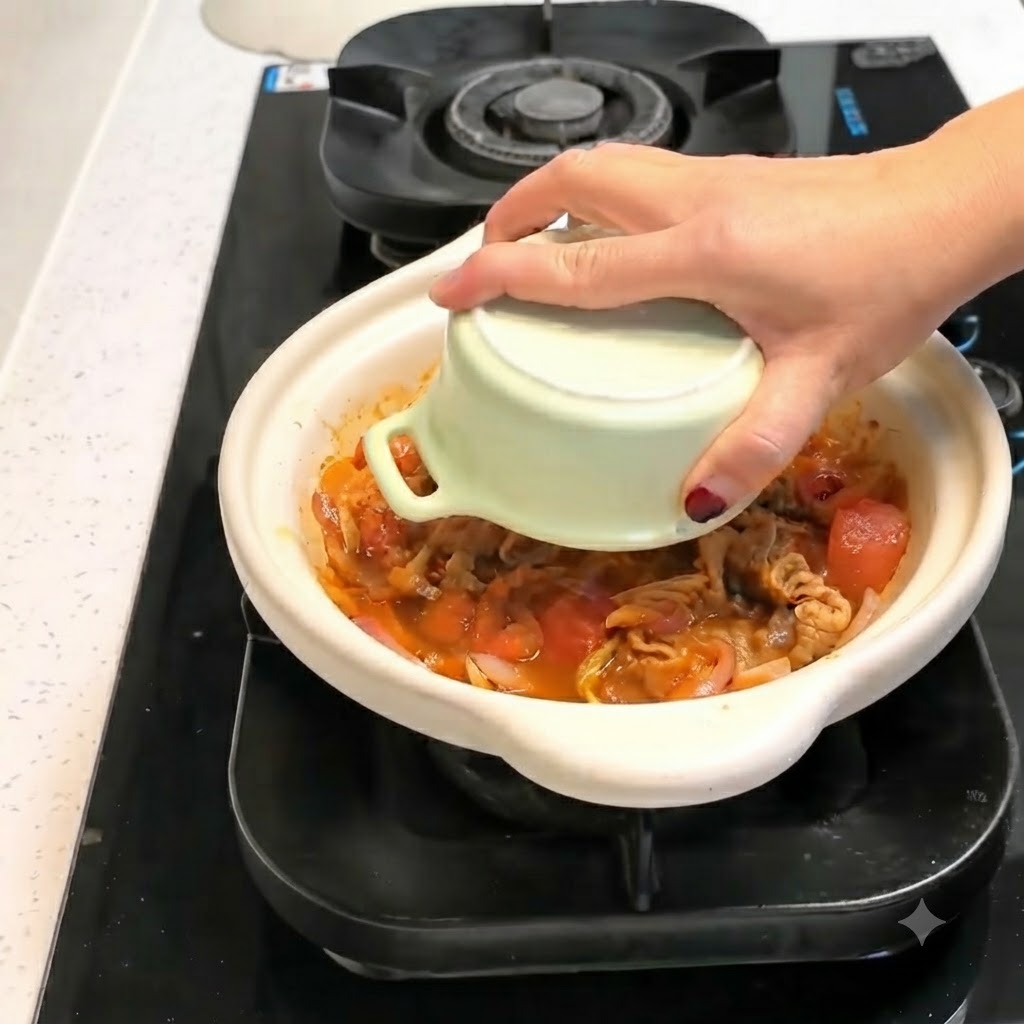 Eine Schüssel Reis wird umgestürzt und in die Mitte eines Kochtopfs mit einer herzhaften Rindfleisch-Kimchi-Mischung gesetzt.