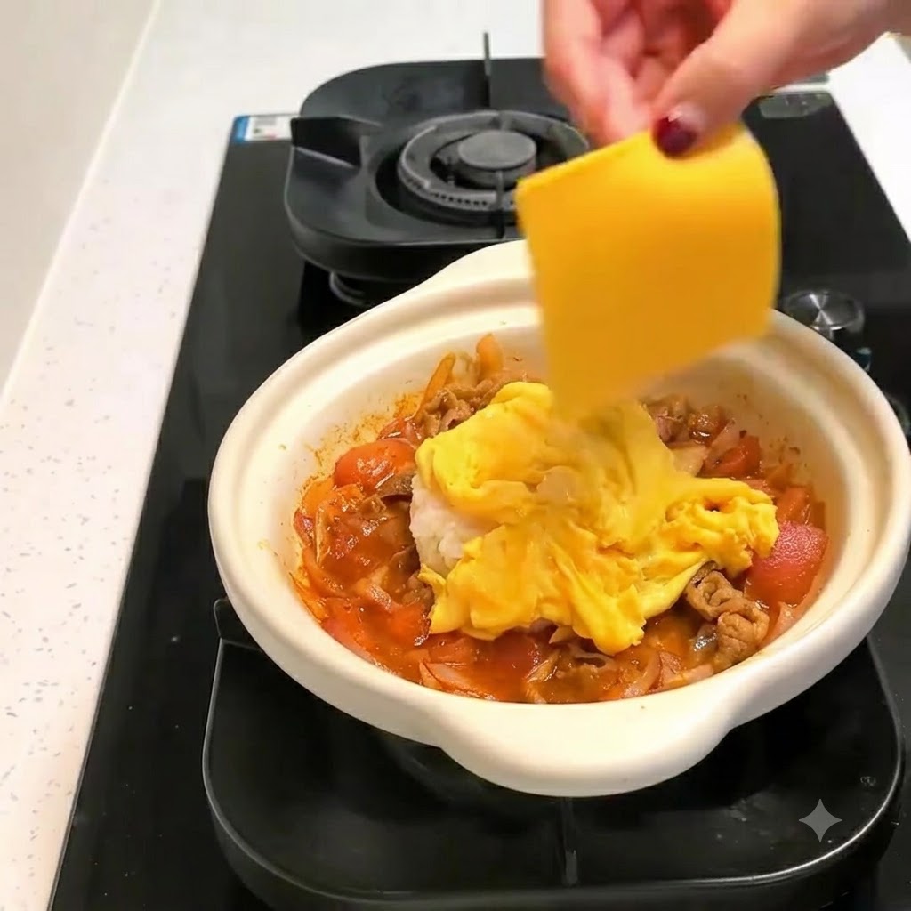 Zwei Scheiben gelber Käse werden über das weiche Rührei im weißen Tontopf gelegt.