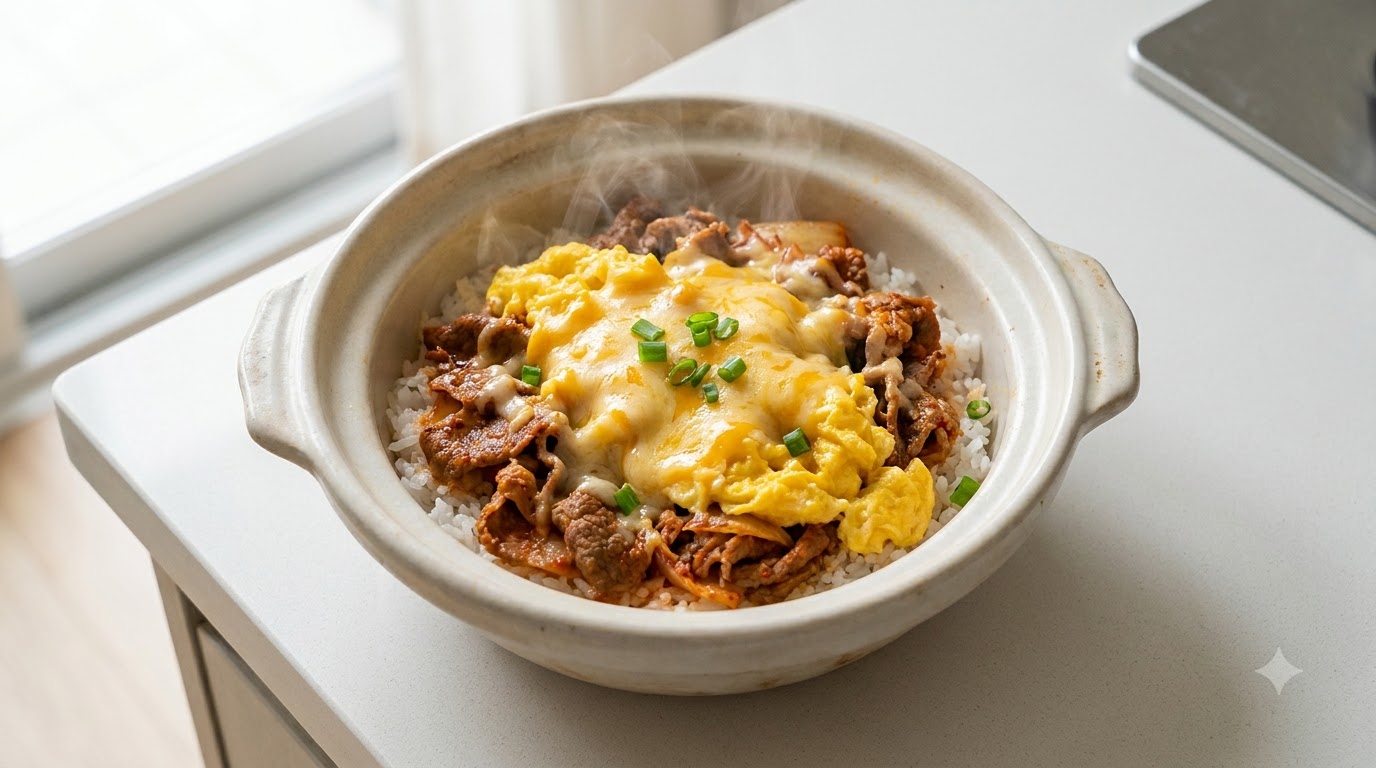 10-Minuten Kimchi-Rindfleisch-Reisschüssel mit weichem Rührei