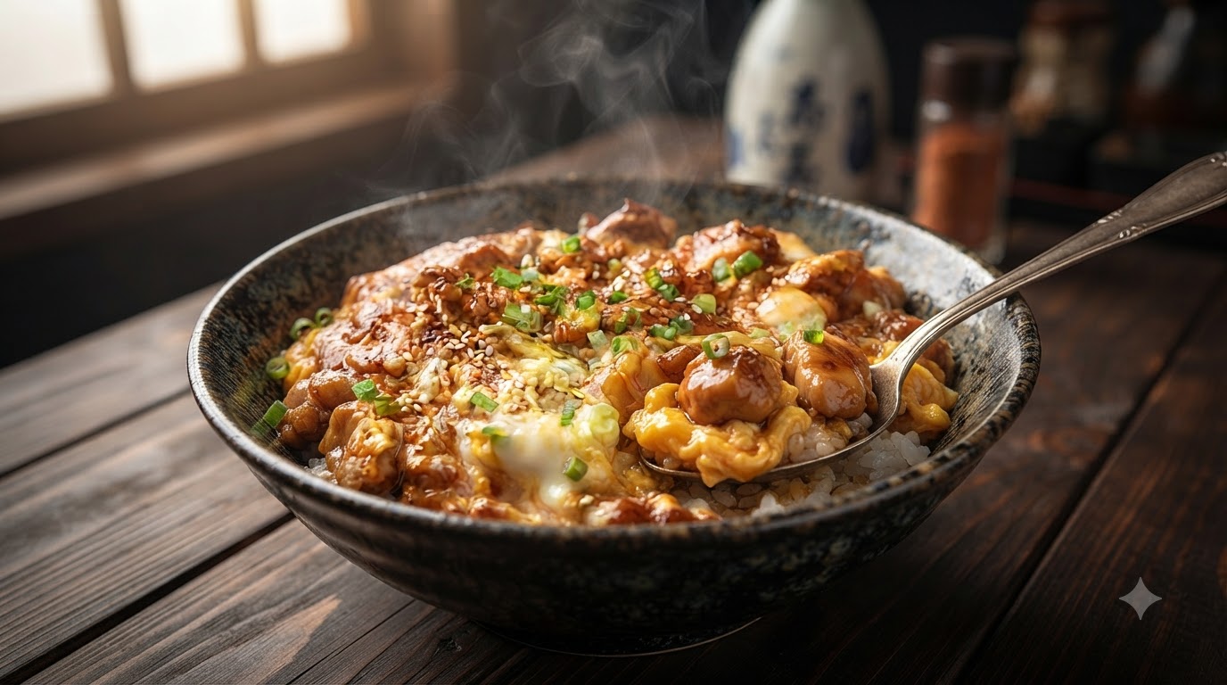Herzhafte Hähnchen-Rührei-Reisschüssel (Oyakodon-Art)