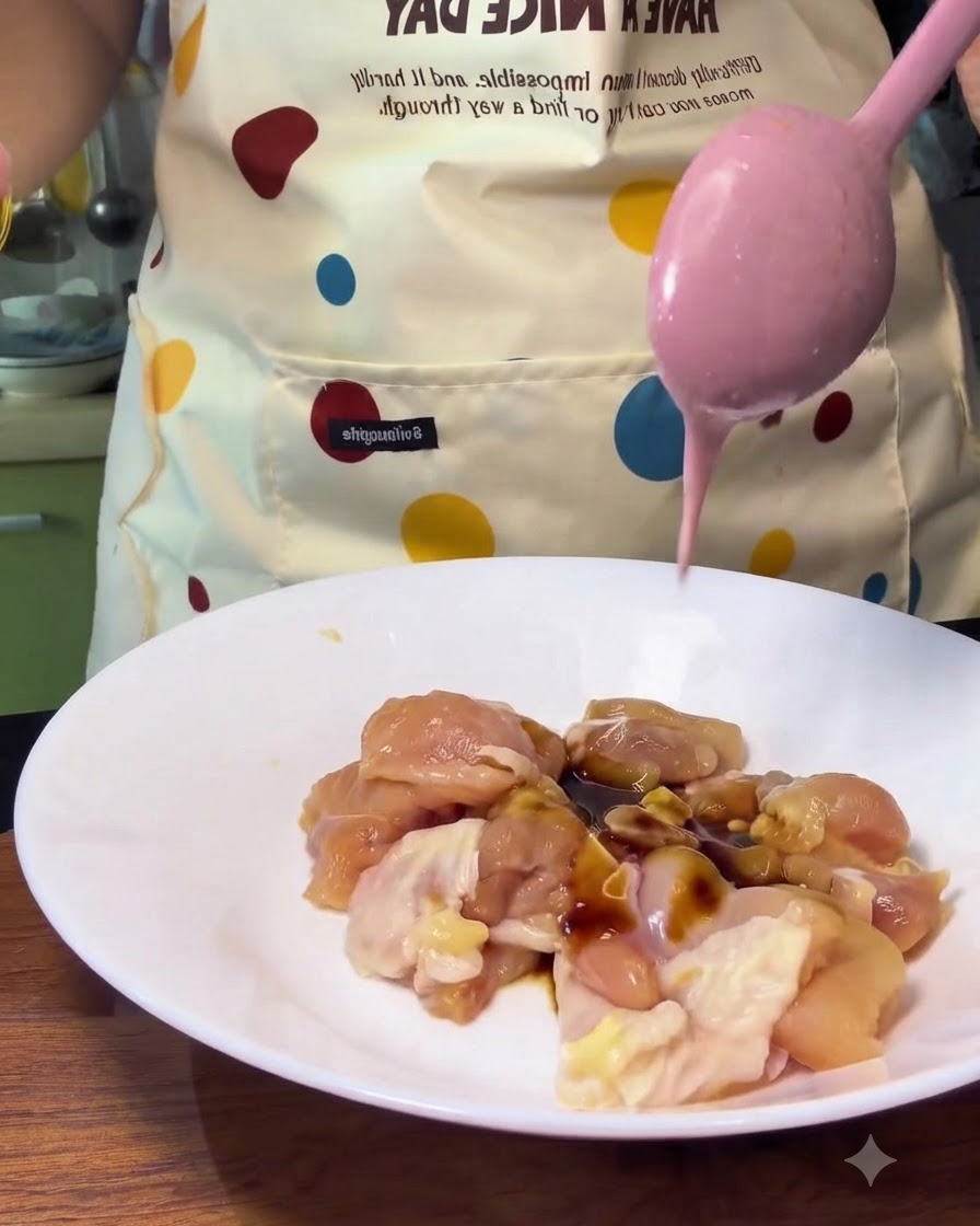 Hähnchenstücke in einer Schüssel erhalten Sauce von einem rosa Löffel.