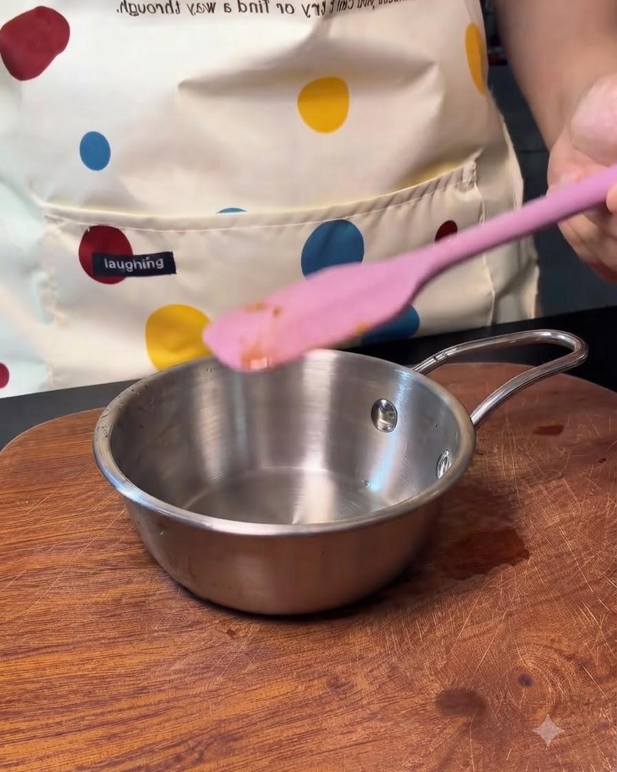 Ein leerer kleiner Metalltopf mit einem daneben liegenden rosa Silikonspatel.