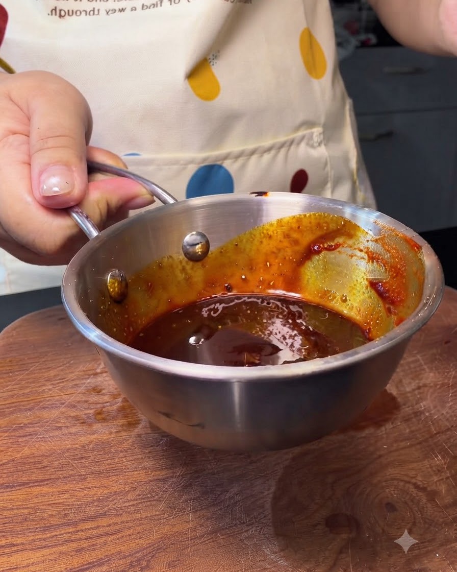 Eine kleine Metallschüssel gefüllt mit einer satten, dunkelroten koreanischen Chilisaucenmischung.