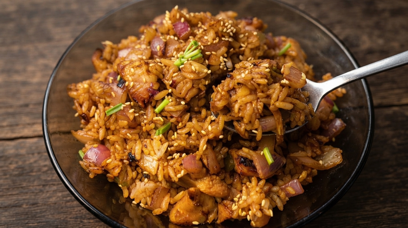 Eine herzhafte Schüssel Kimchi-Hähnchen-Bratreis, garniert mit gerösteten Sesamsamen und frischen Kräutern.
