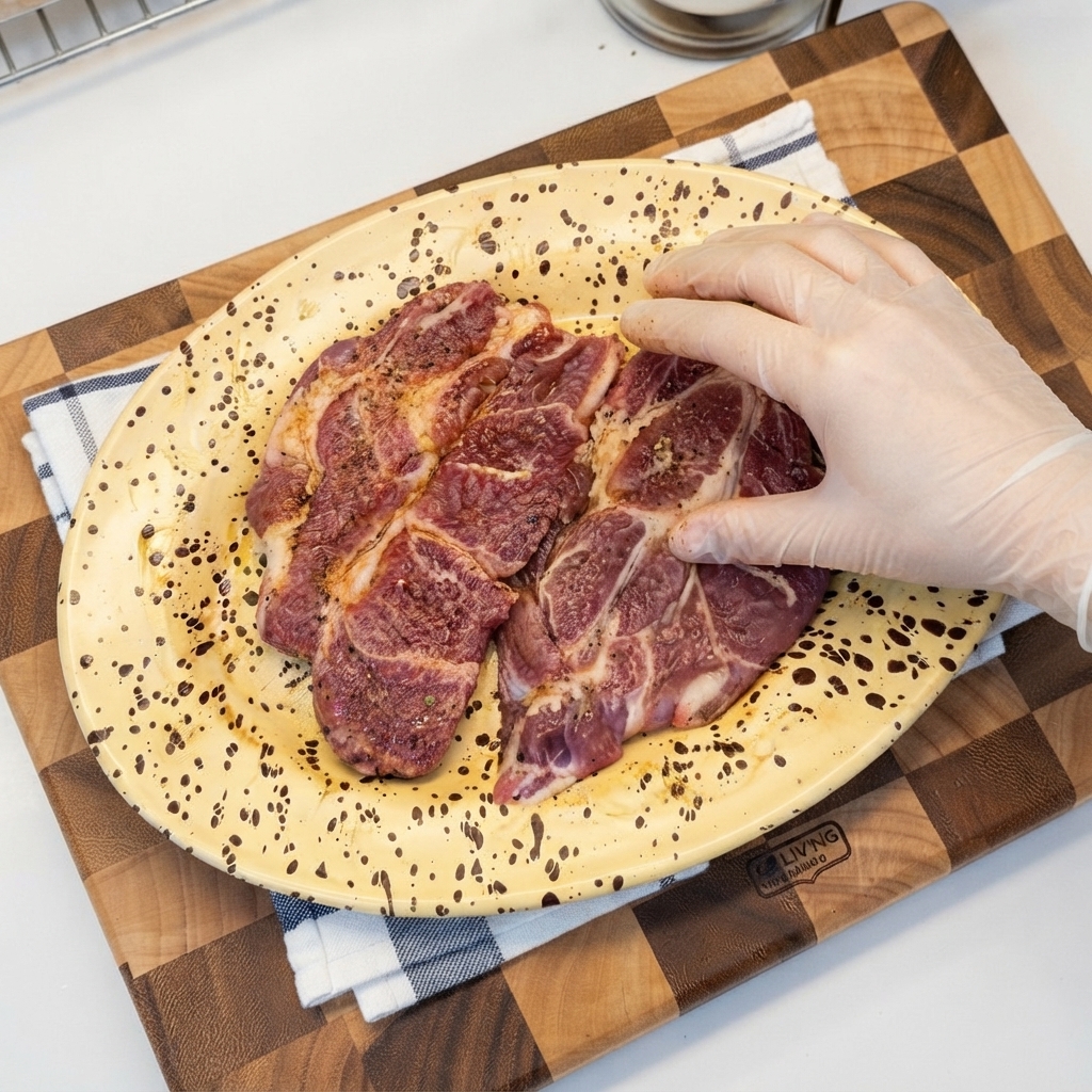 Eine Hand mit Handschuh massiert Gewürze und Ingwerscheiben in rohe Schweinekoteletts auf einem Teller.