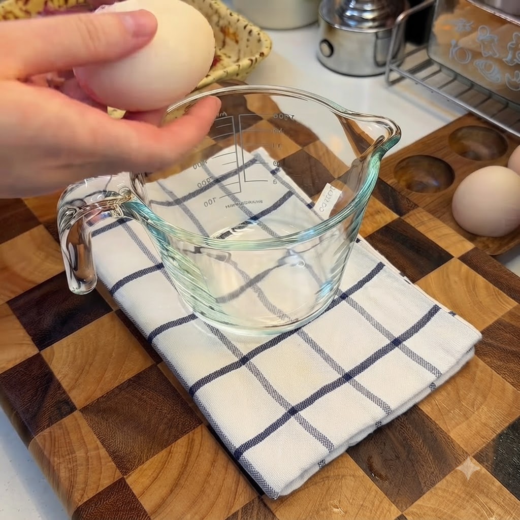 Ganze rohe Eier werden in einen durchsichtigen Glasmessbecher auf einem karierten Tuch aufgeschlagen.
