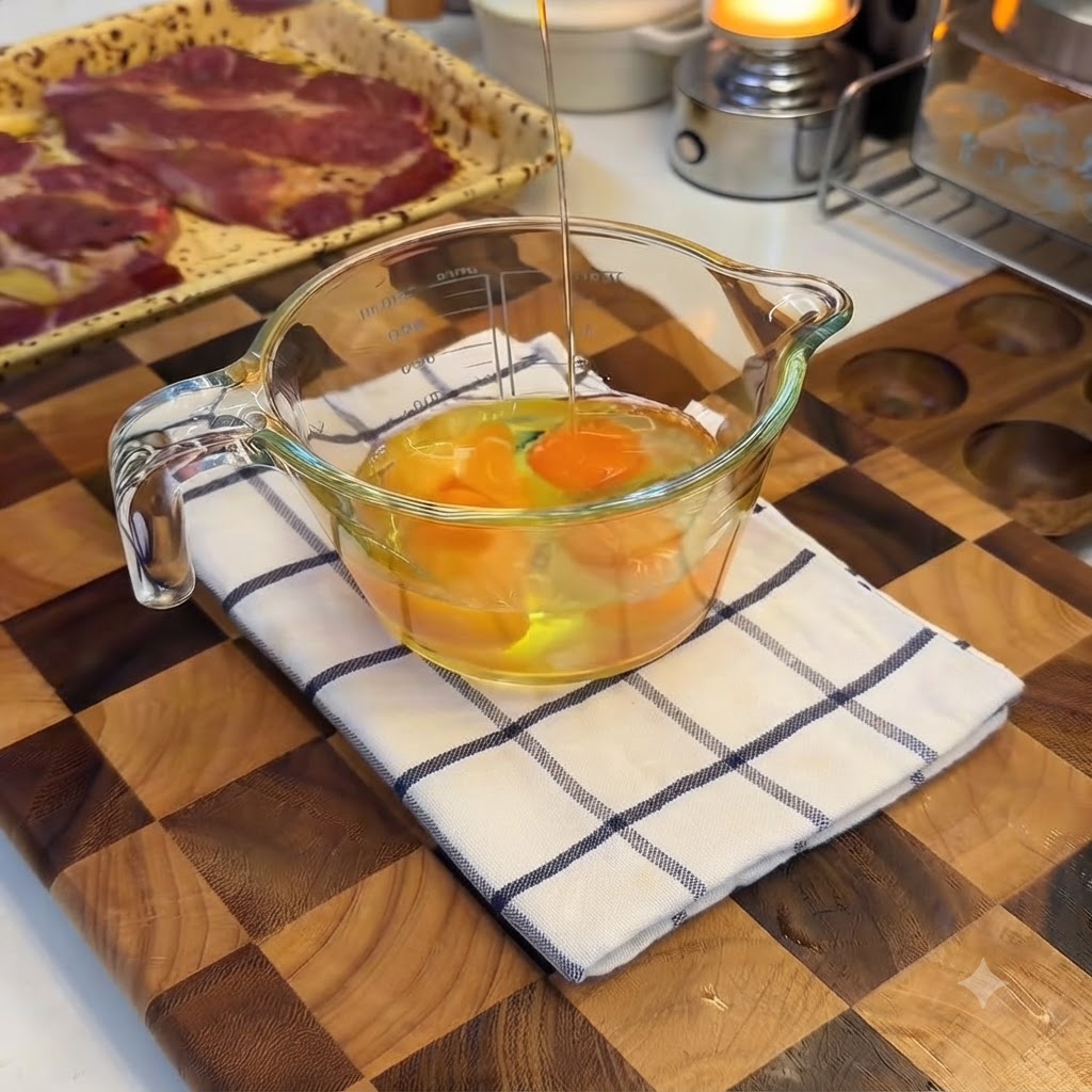 Milch wird von oben in einen mit rohen Eiern gefüllten Glasmessbecher gegossen.