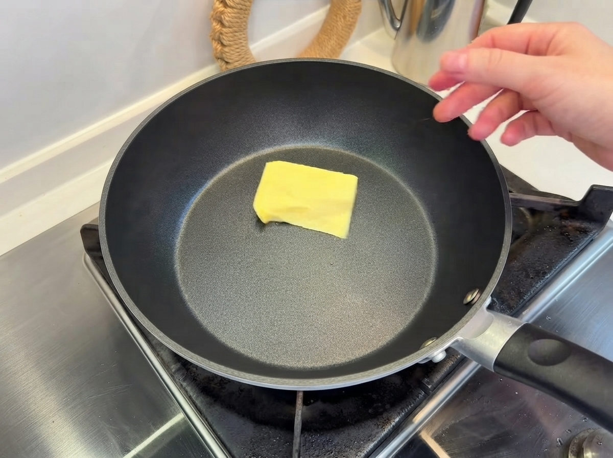 Ein einzelnes Stück gelbe Butter schmilzt in der Mitte einer schwarzen, beschichteten Bratpfanne auf dem Herd.