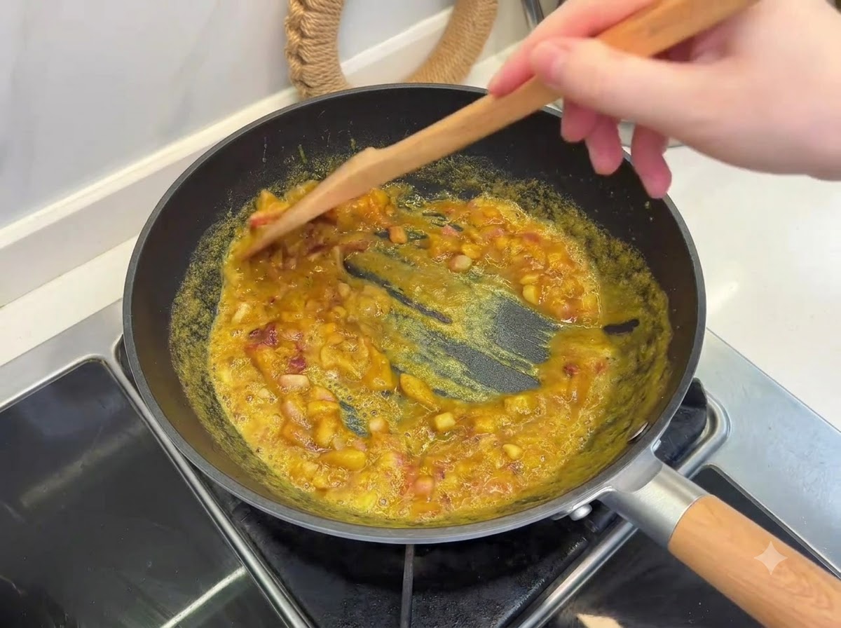 Ein Holzspatel rührt schmelzende Curry-Roux-Blöcke mit Zwiebeln in einer Pfanne um.