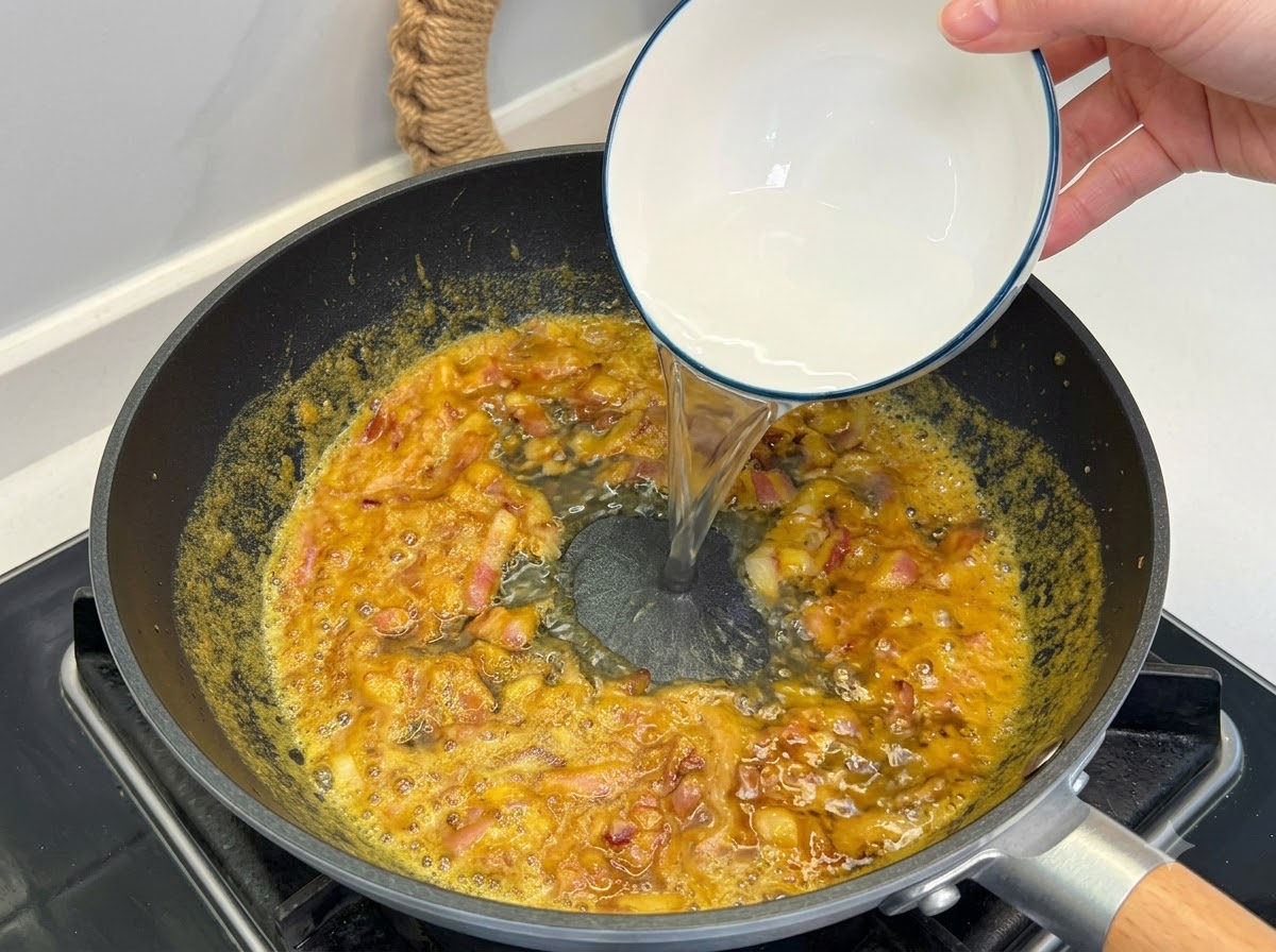 Klares Wasser wird aus einer kleinen weißen Schüssel in die köchelnde Currypfanne gegossen.