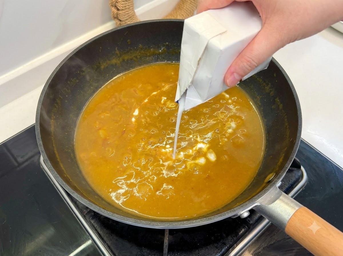 Weiße Kokosmilch wird aus einem Karton in eine blubbernde braune Currysauce gegossen.