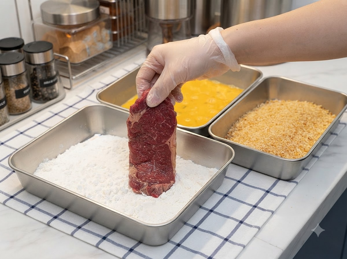Eine Hand mit Handschuh hält ein rohes Schweinekotelett und wendet es in einer Schale mit weißer Speisestärke.