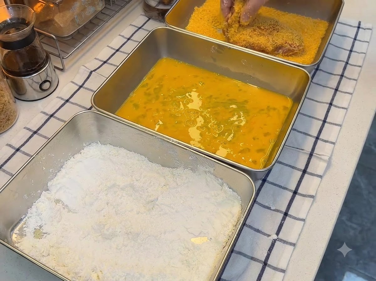 Orangefarbene Semmelbrösel werden fest auf ein Schweinekotelett neben Schalen mit Mehl und Eierstreiche gedrückt.
