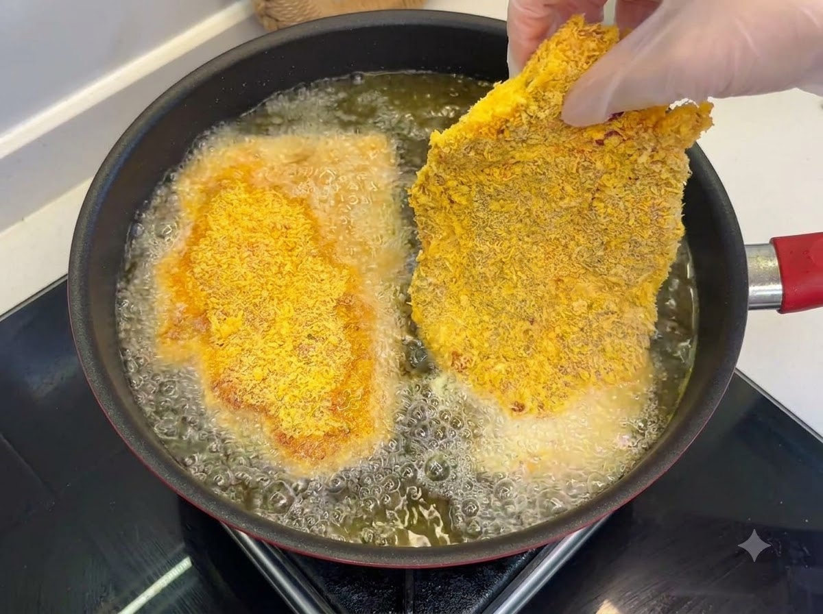 Panierte Schweinekoteletts braten in einer Pfanne mit heißem, sprudelndem Öl mit einer goldbraunen Oberfläche.
