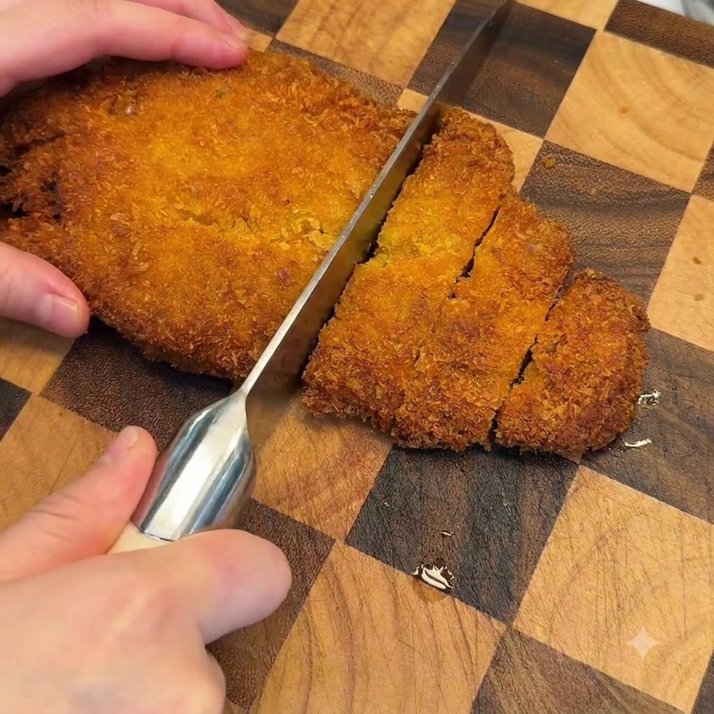 Ein Messer schneidet ein knuspriges, goldbraun gebratenes Schweinekotelett auf einem Schneidebrett in dicke Stücke.