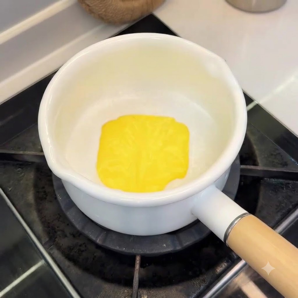 Eine quadratische Scheibe gelber Käse schmilzt in weißer Kokosmilch in einem kleinen Topf.