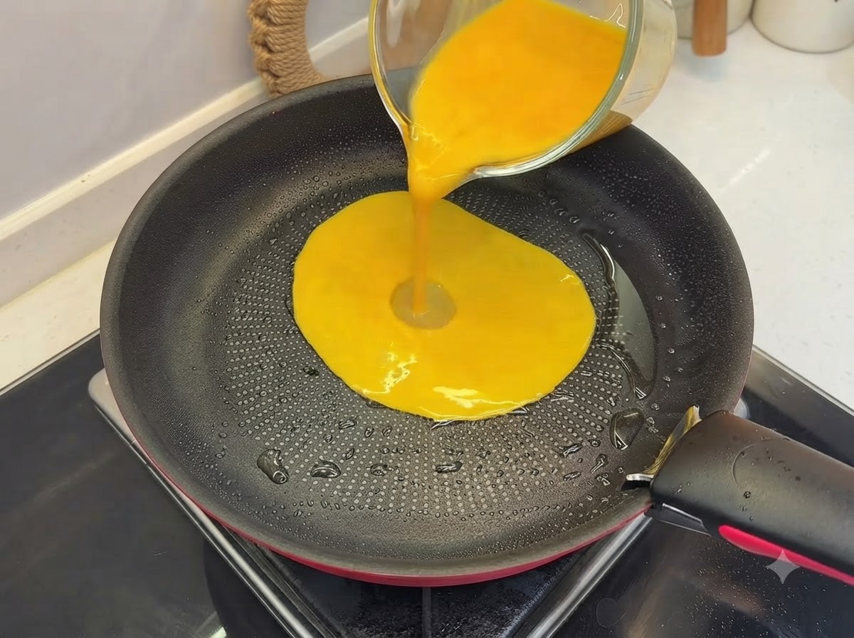 Verquirltes Ei wird in eine leicht geölte Bratpfanne gegossen und gebraten, wobei es eine weiche Form annimmt.