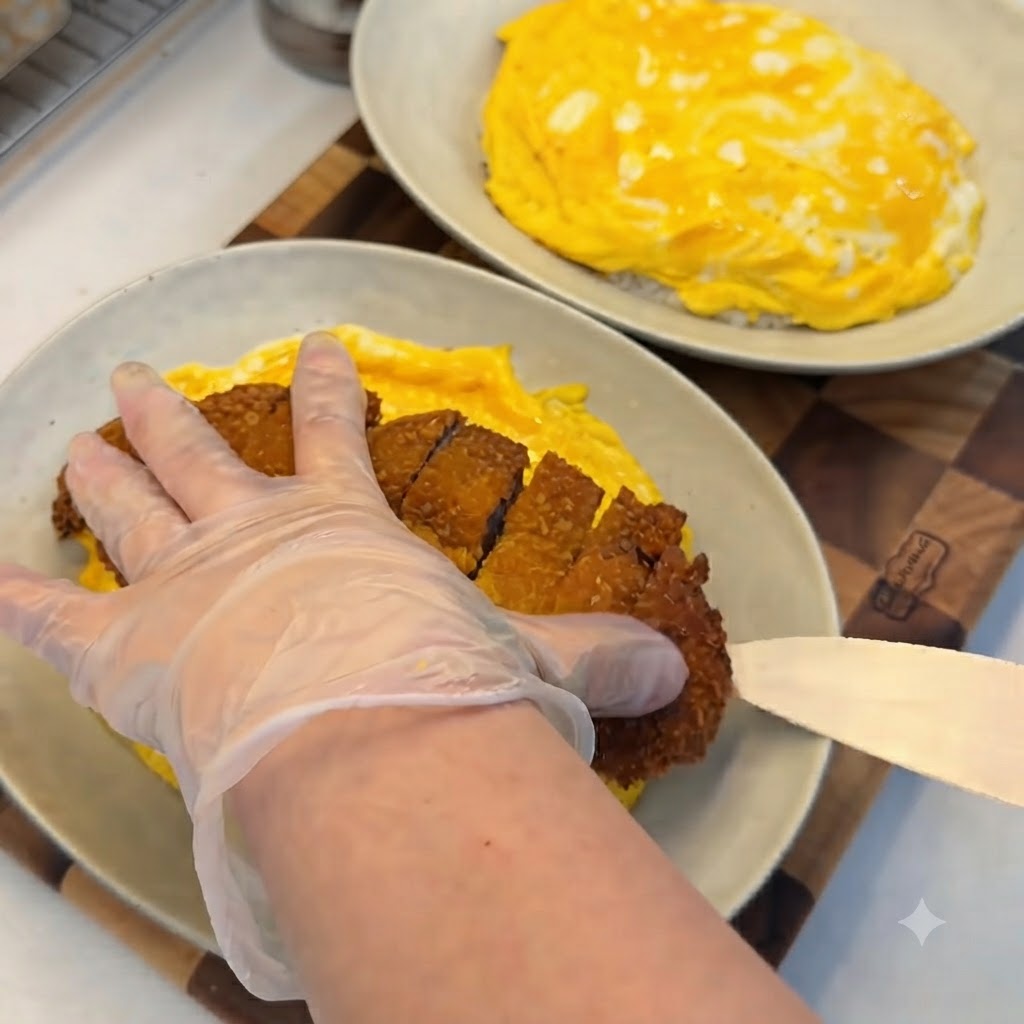 Eine Hand mit Handschuh legt ein geschnittenes, goldbraunes Schweinekotelett auf ein Bett aus Reis, das mit einem leuchtend gelben Omelett bedeckt ist.