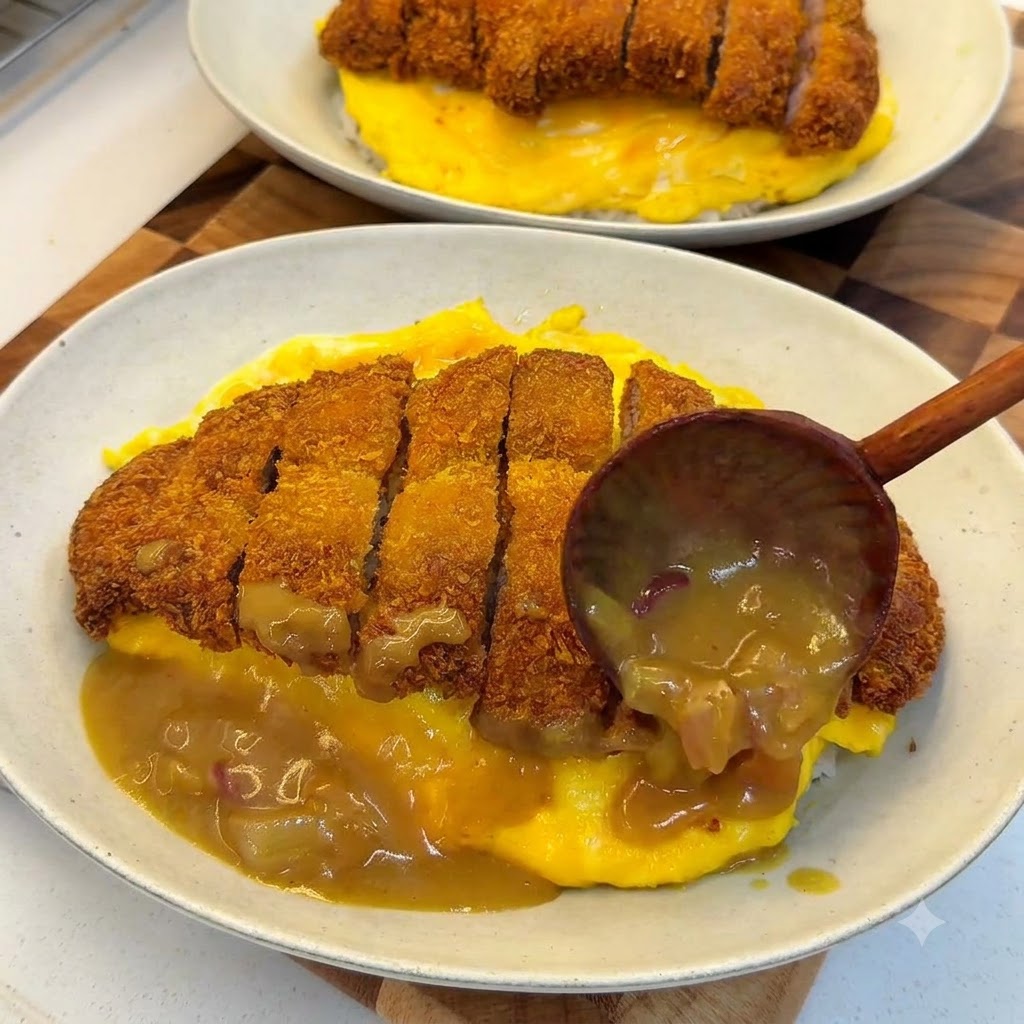 Eine Holzkelle gießt dicke braune Currysauce mit Zwiebeln um einen Teller mit in Ei gewickeltem Reis, gekrönt von einem geschnittenen, knusprigen Schweinekotelett.