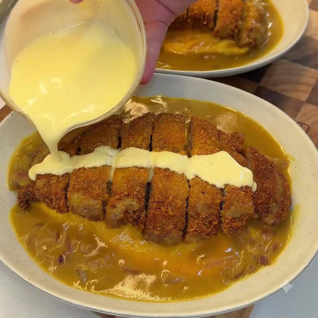Eine Schüssel mit Kokos-Curry-Schweinekotelett-Reis, über den eine cremige Kokos-Käse-Sauce gegossen wird.