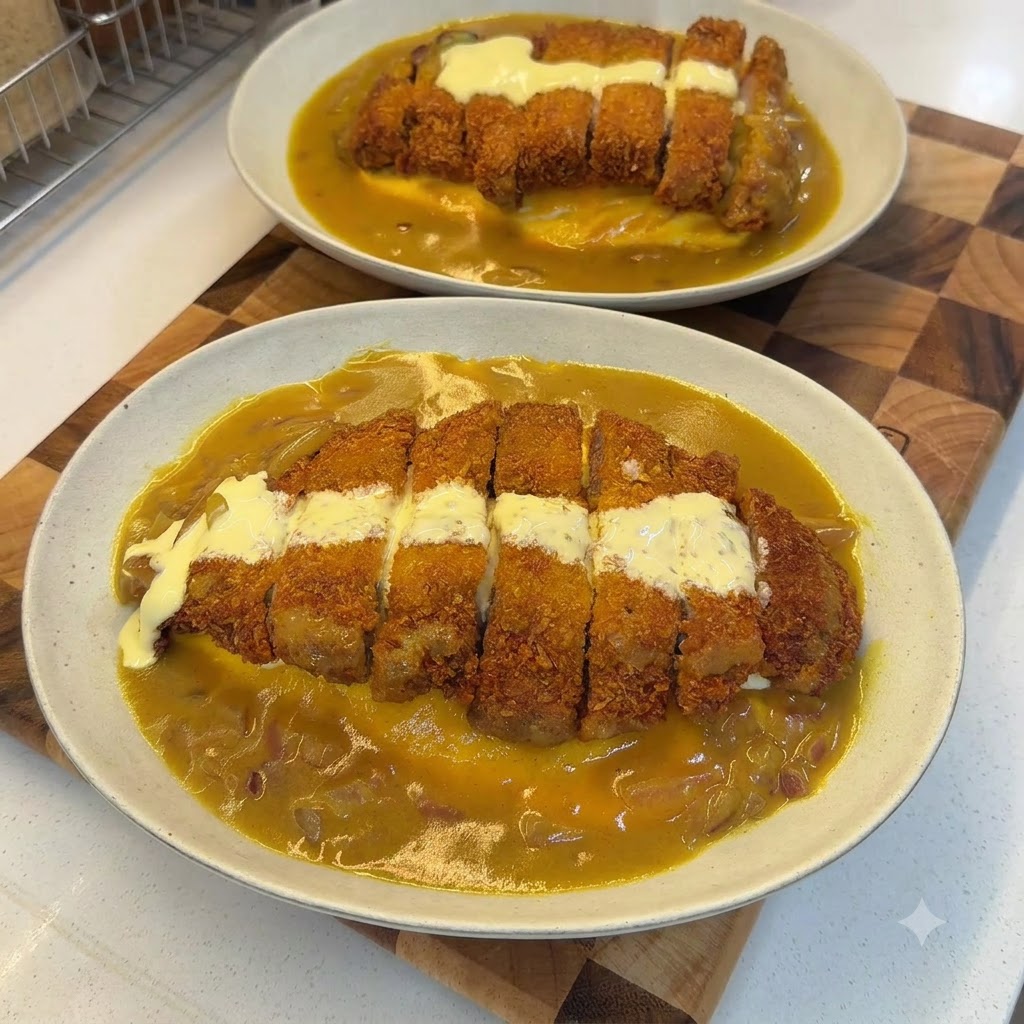 Zwei Schüsseln mit fertigem Kokos-Curry-Schweinekotelett-Reis, garniert mit grünen Petersilienflocken.