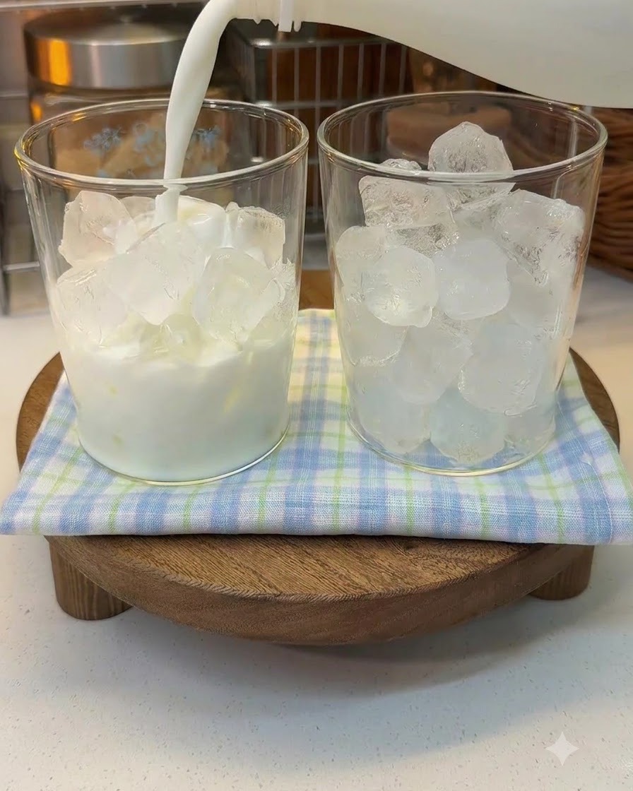 Frische Milch wird aus einem Karton in ein mit Eiswürfeln gefülltes Glas gegossen, das neben einem anderen, identischen Glas steht.