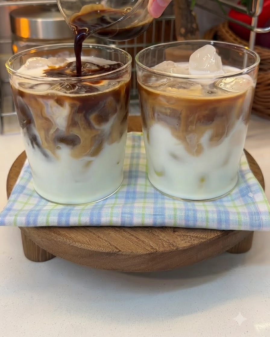Ein dunkler Espresso-Shot wird in ein Glas mit Milch und Joghurt über Eis gegossen.