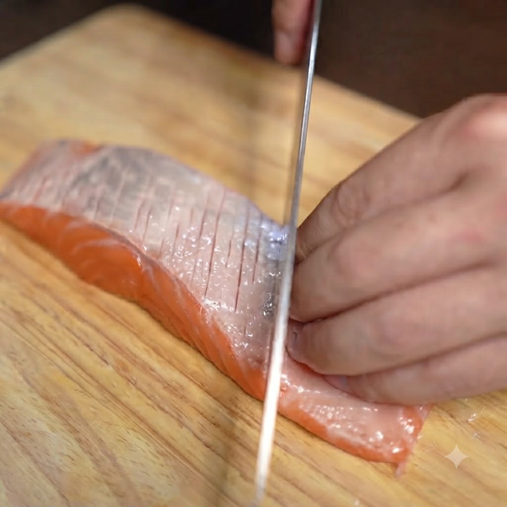 Ein Küchenmesser macht präzise diagonale Einschnitte in die Oberfläche eines Lachsfilets.