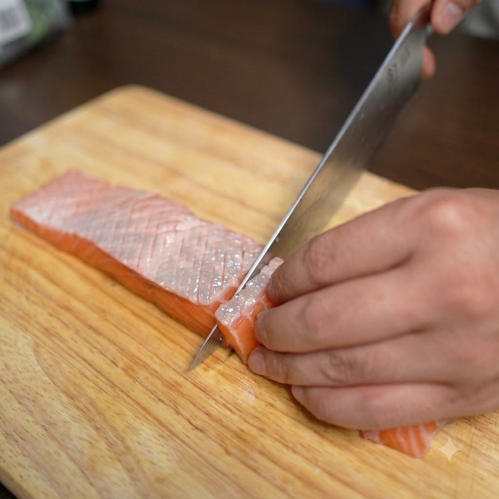 Stäbchen platzieren dicke Scheiben rohen Lachses kreisförmig auf Reis in einer dunklen Schüssel.