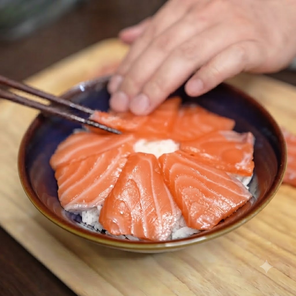 Ein rohes Eigelb ruht perfekt in der Mitte einer mit Lachs belegten Reisschüssel.