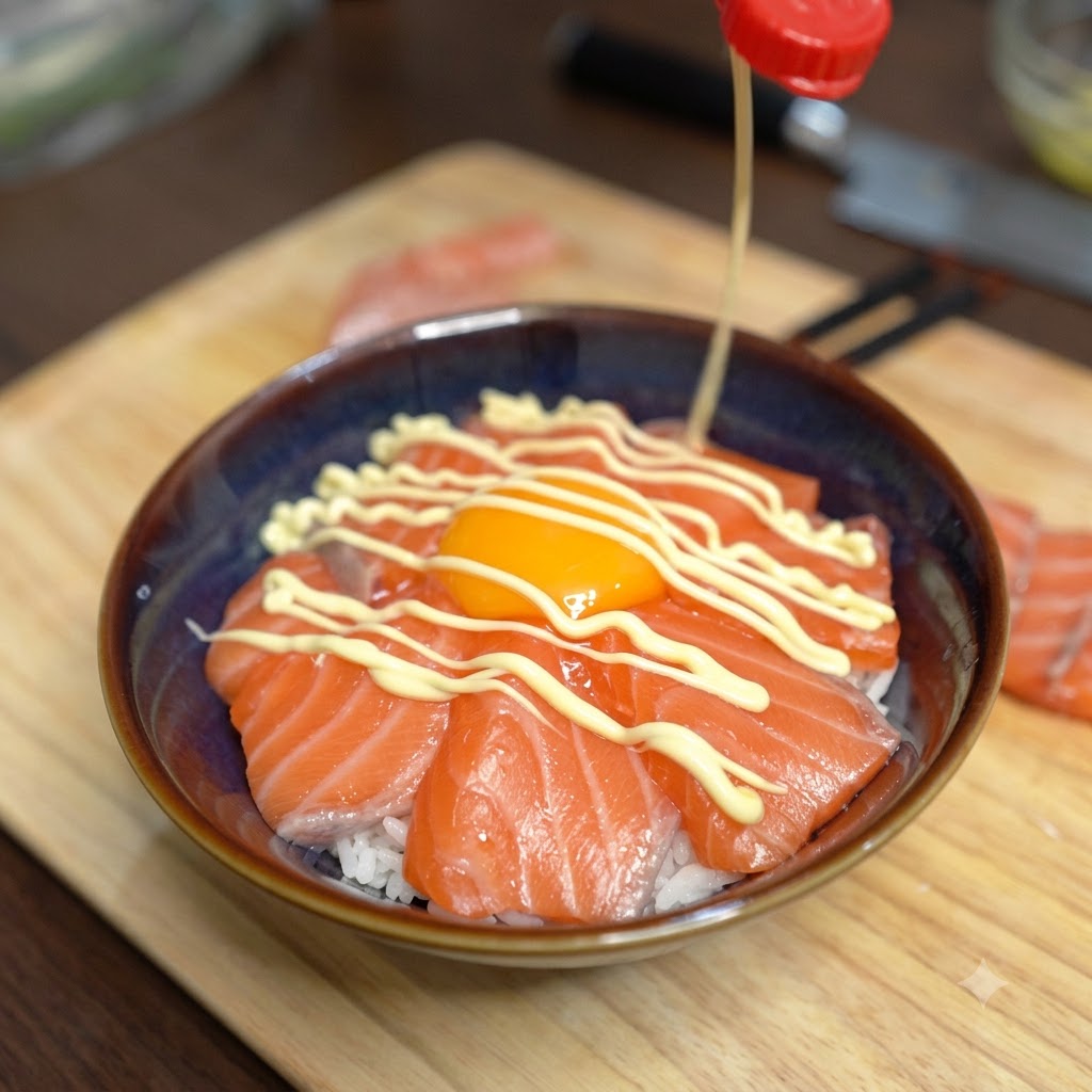 Mayonnaise wird aus einer Quetschflasche in einem Gittermuster über eine Lachs-Reisschüssel geträufelt.
