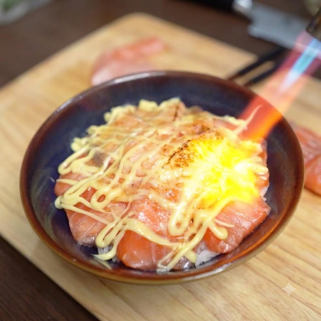 Die blaue und orange Flamme eines Küchenbrenners karamellisiert ein cremiges Mayonnaise-Topping auf einer Lachs-Bowl.